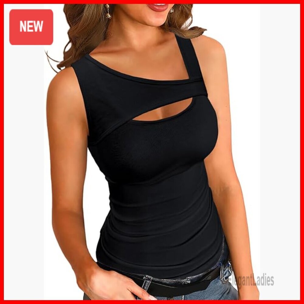 Sleeveless Ribbed Cutout Square Neck Slim Casual Tank Top Summer Cami